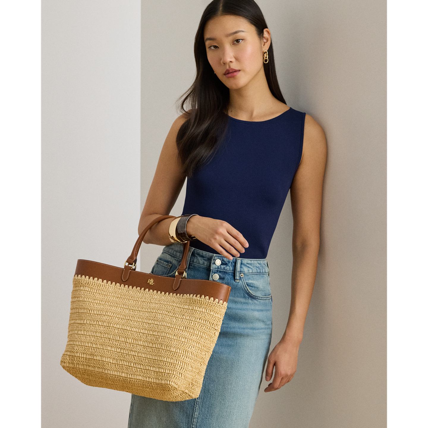 Женская сумка Ralph Lauren Leather-Trim Straw Large Kyla, цвет: Натуральный / Рыжевато-коричневый — фото 4