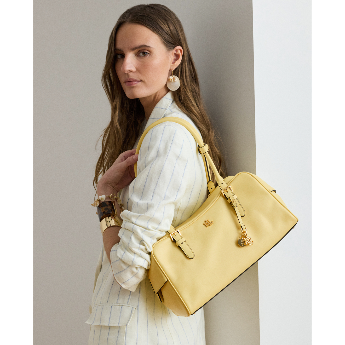 Женская сумка Ralph Lauren Leather Large Marcy Zip Satchel, цвет: Лимонный сорбет — фото 5