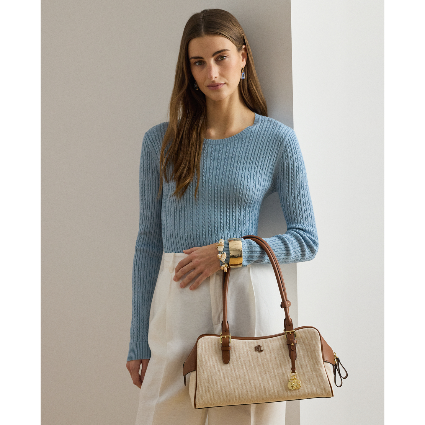 Женская сумка Ralph Lauren Canvas & Leather Large Marcy Zip Satchel, цвет: Натуральный / Светло-бежевый — фото 5