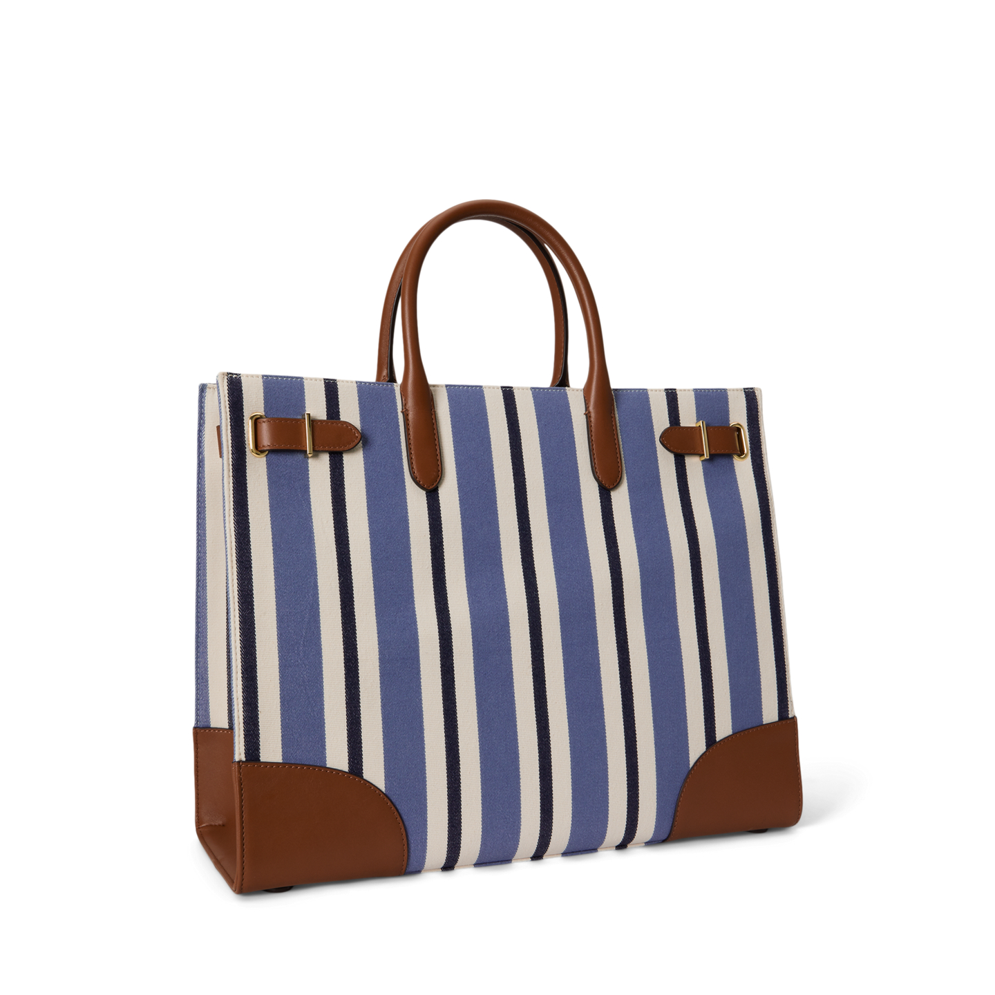 Женская сумка Ralph Lauren Striped Canvas Large Devyn, цвет: Синий полосатый / Рыжевато-коричневый — фото 1