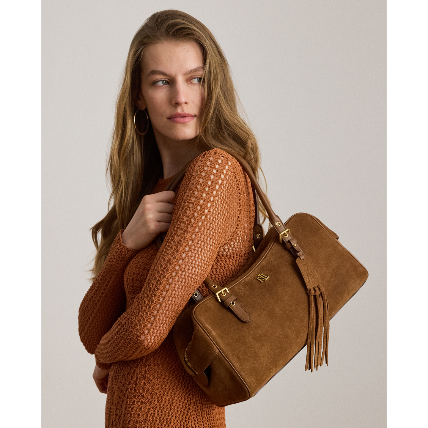 Женская сумка Ralph Lauren Suede Large Marcy Zip Satchel, цвет: Светлый табачный — фото 5