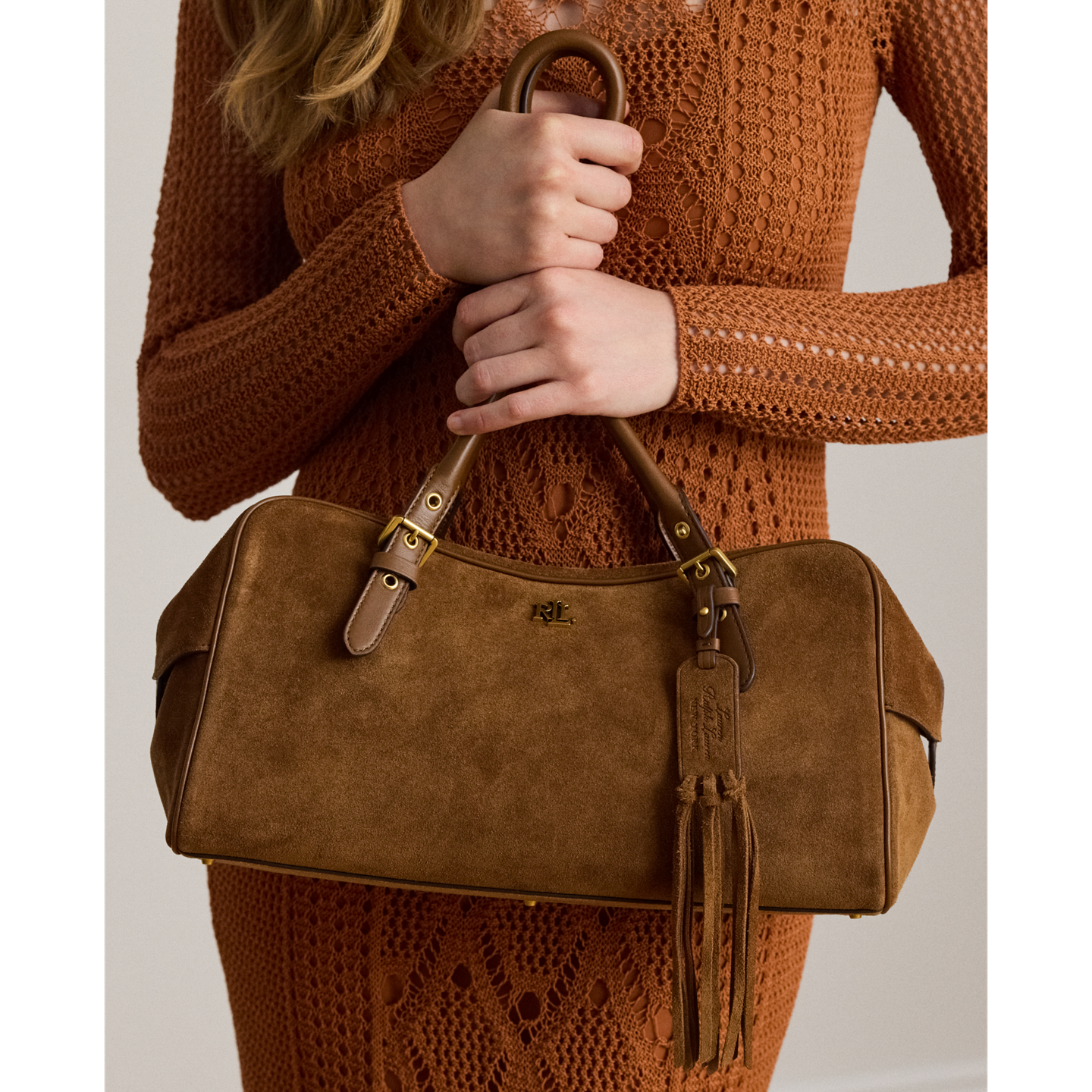 Женская сумка Ralph Lauren Suede Large Marcy Zip Satchel, цвет: Светлый табачный — фото 6