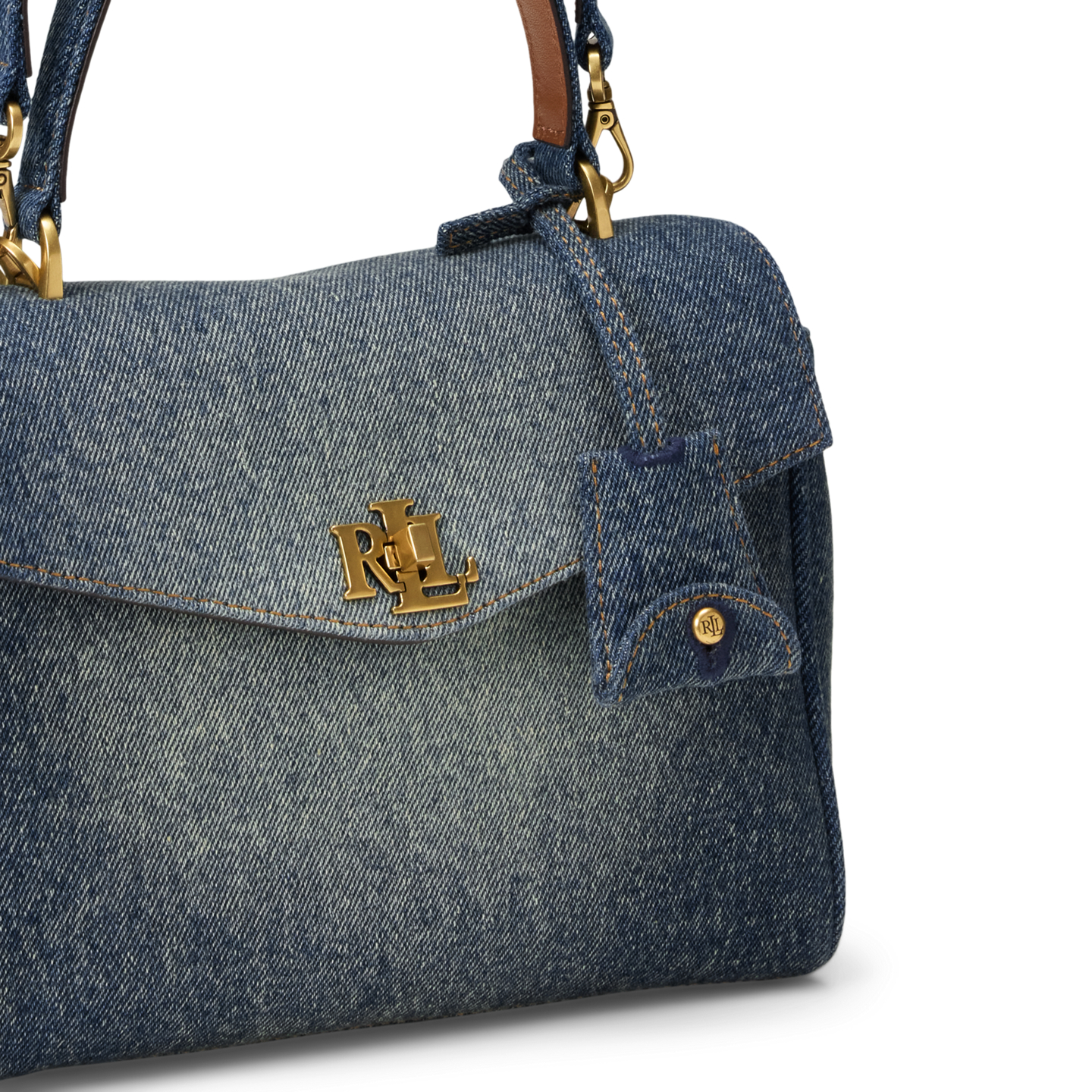 Женская сумка Ralph Lauren Washed Denim Small Farrah Soft Satchel, цвет: Синий / Рыжевато-коричневый — фото 4