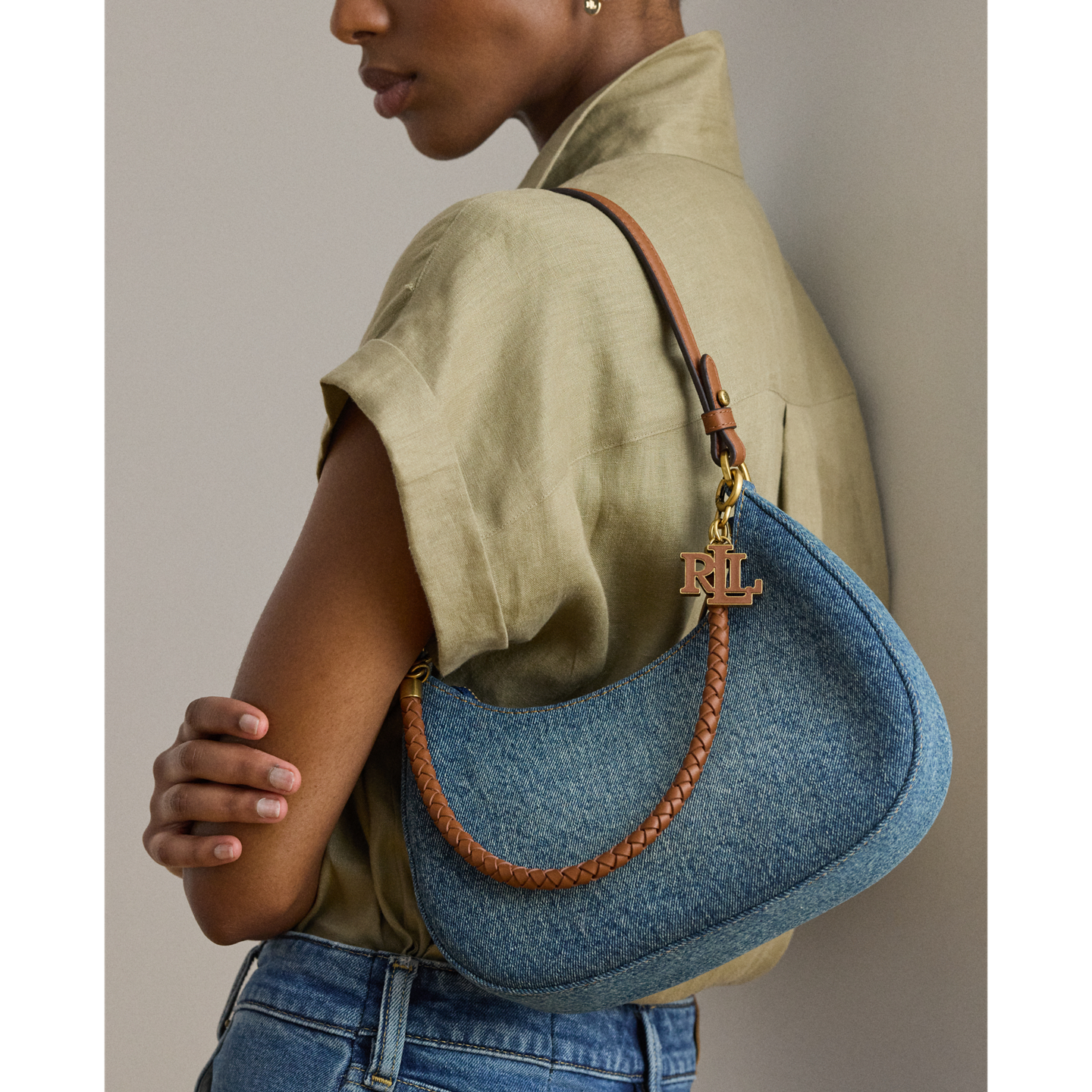 Женская сумка Ralph Lauren Denim Medium Marcy Zip Shoulder, цвет: Синий / Рыжевато-коричневый — фото 5