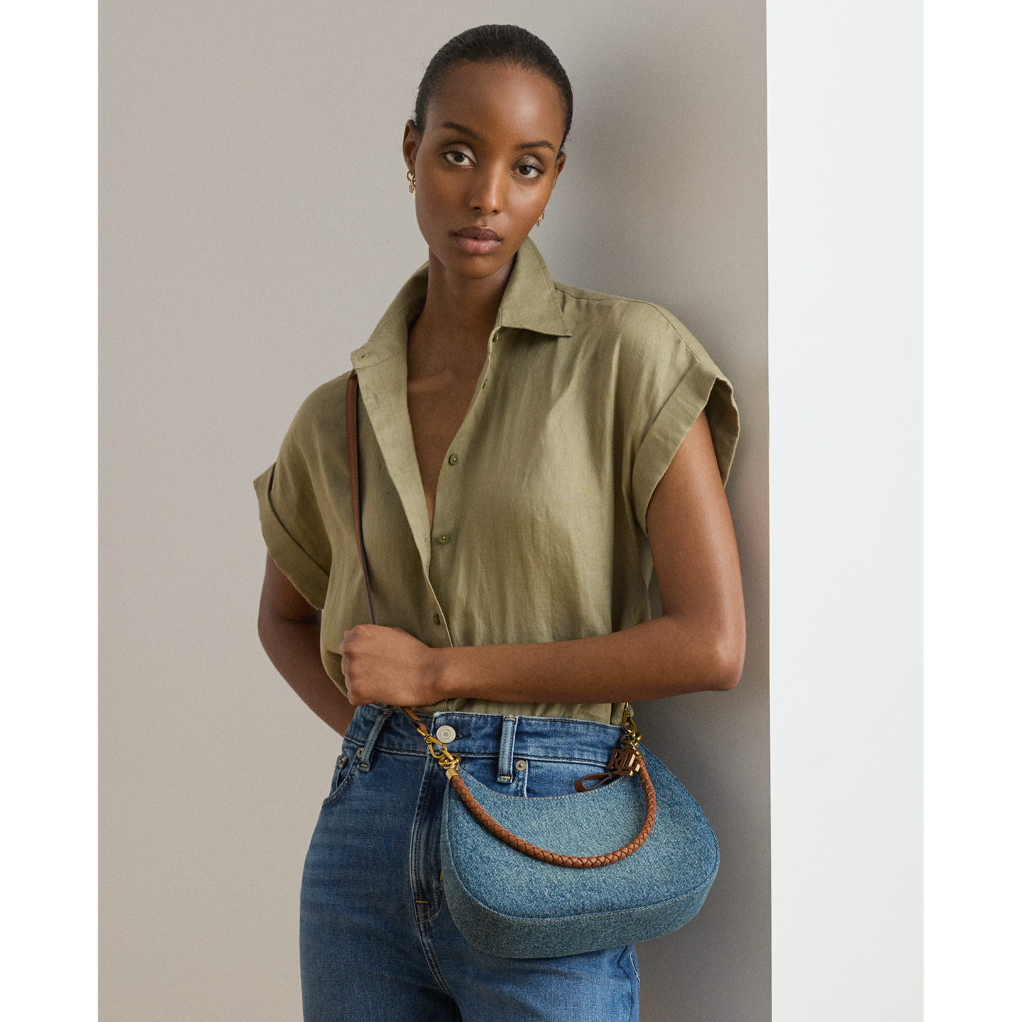Женская сумка Ralph Lauren Denim Medium Marcy Zip Shoulder, цвет: Синий / Рыжевато-коричневый — фото 6