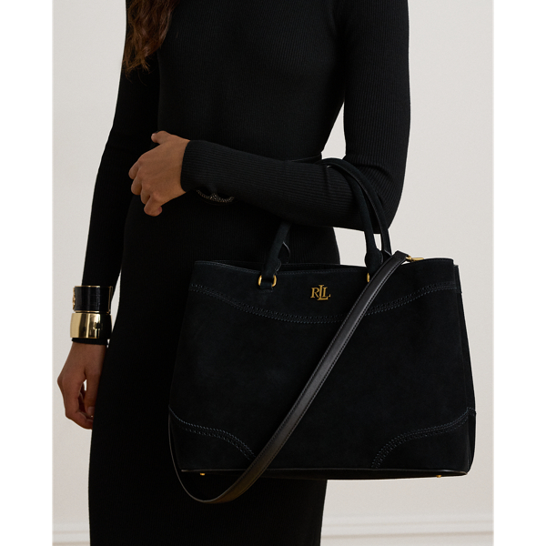 Black Perforated Suede Large Marcy Satchel Lauren 8