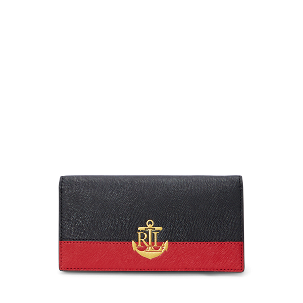 Black/Festive Red/Gold Crosshatch Leather Slim Wallet Lauren 1