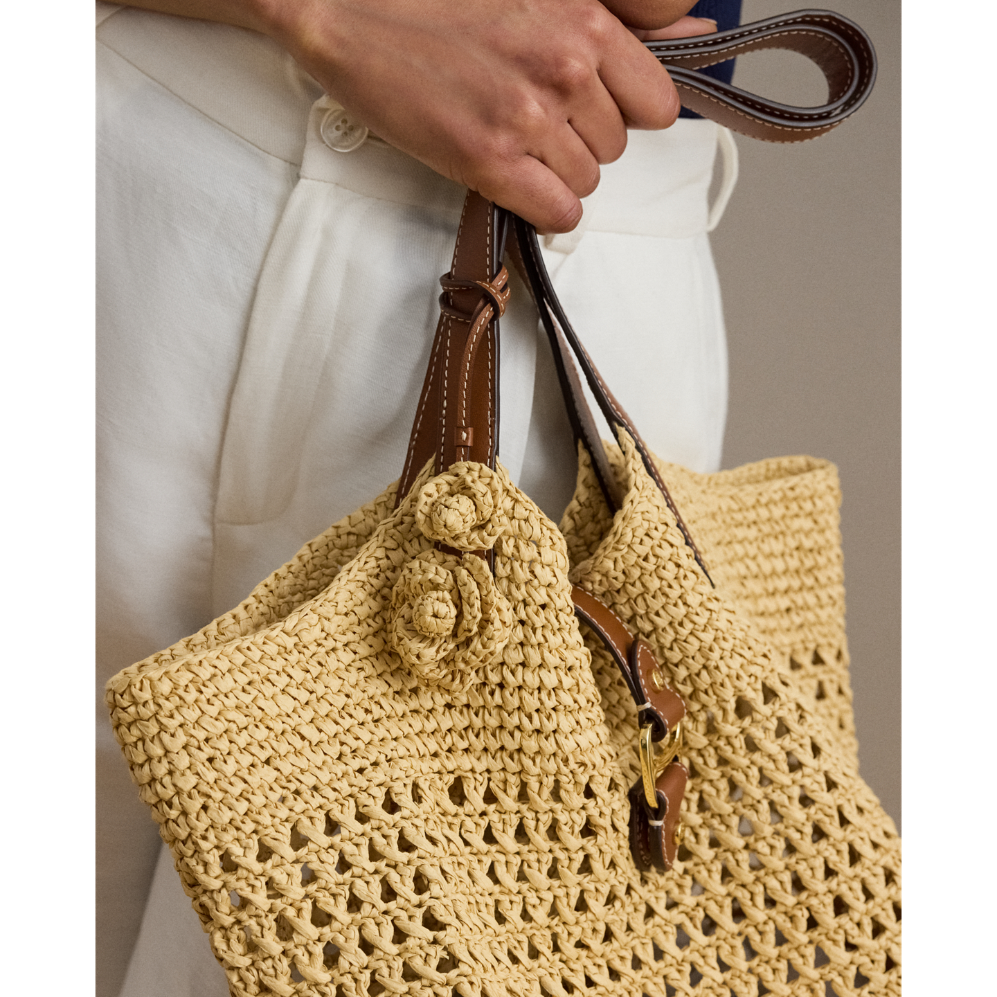 Ralph Lauren Leather & Crocheted Straw Flower Charm, цвет: Натуральный / Рыжевато-коричневый — фото 2