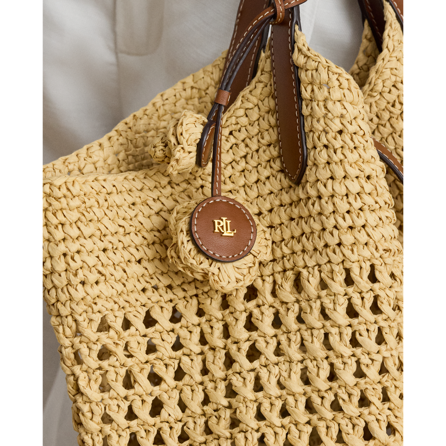 Ralph Lauren Leather & Crocheted Straw Flower Charm, цвет: Натуральный / Рыжевато-коричневый — фото 3