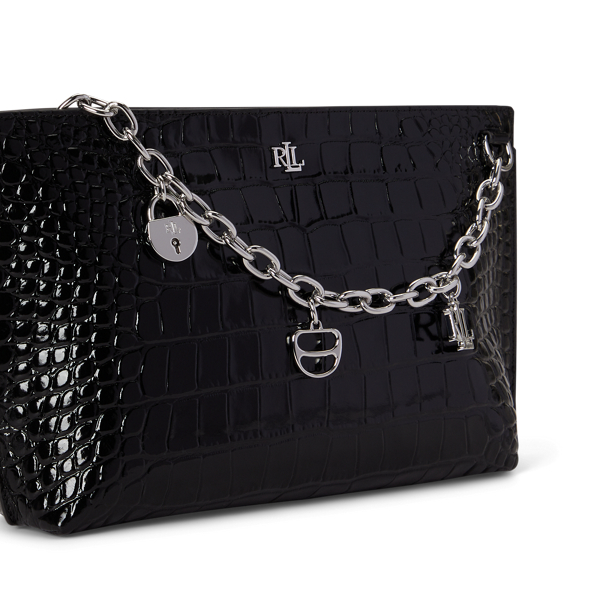 Chain-Trim Embossed Leather Large Pouch