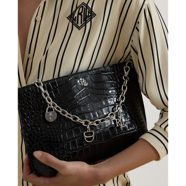 Chain-Trim Embossed Leather Large Pouch