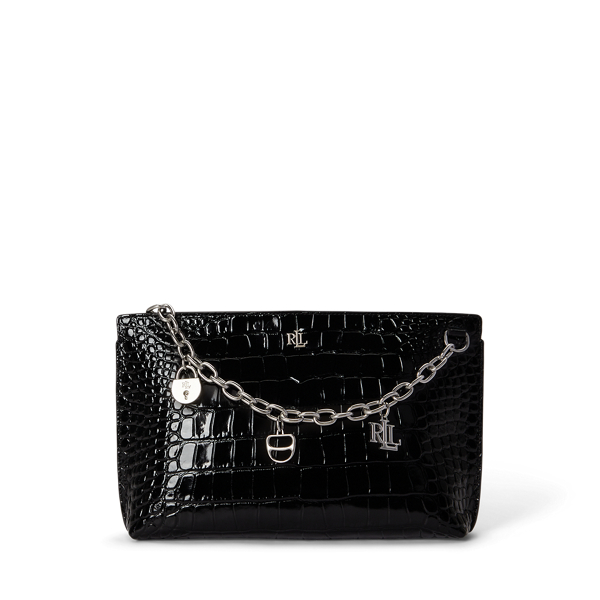 Chain-Trim Embossed Leather Large Pouch