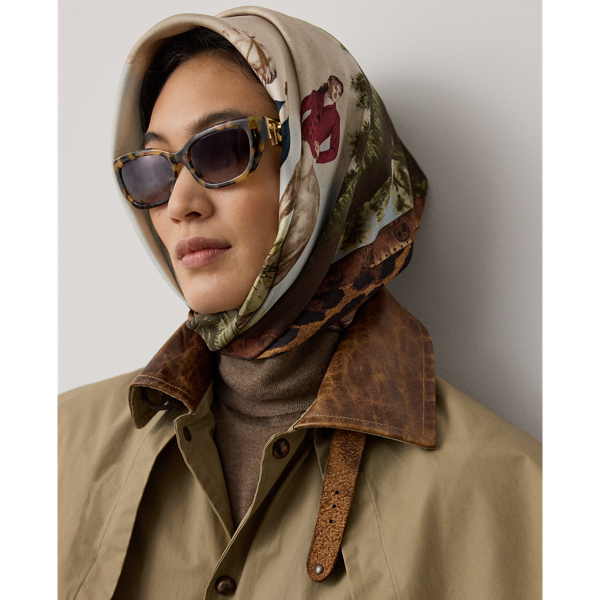 Tan Multi Scenic-Print Silk Twill Square Scarf Ralph Lauren Collection 3