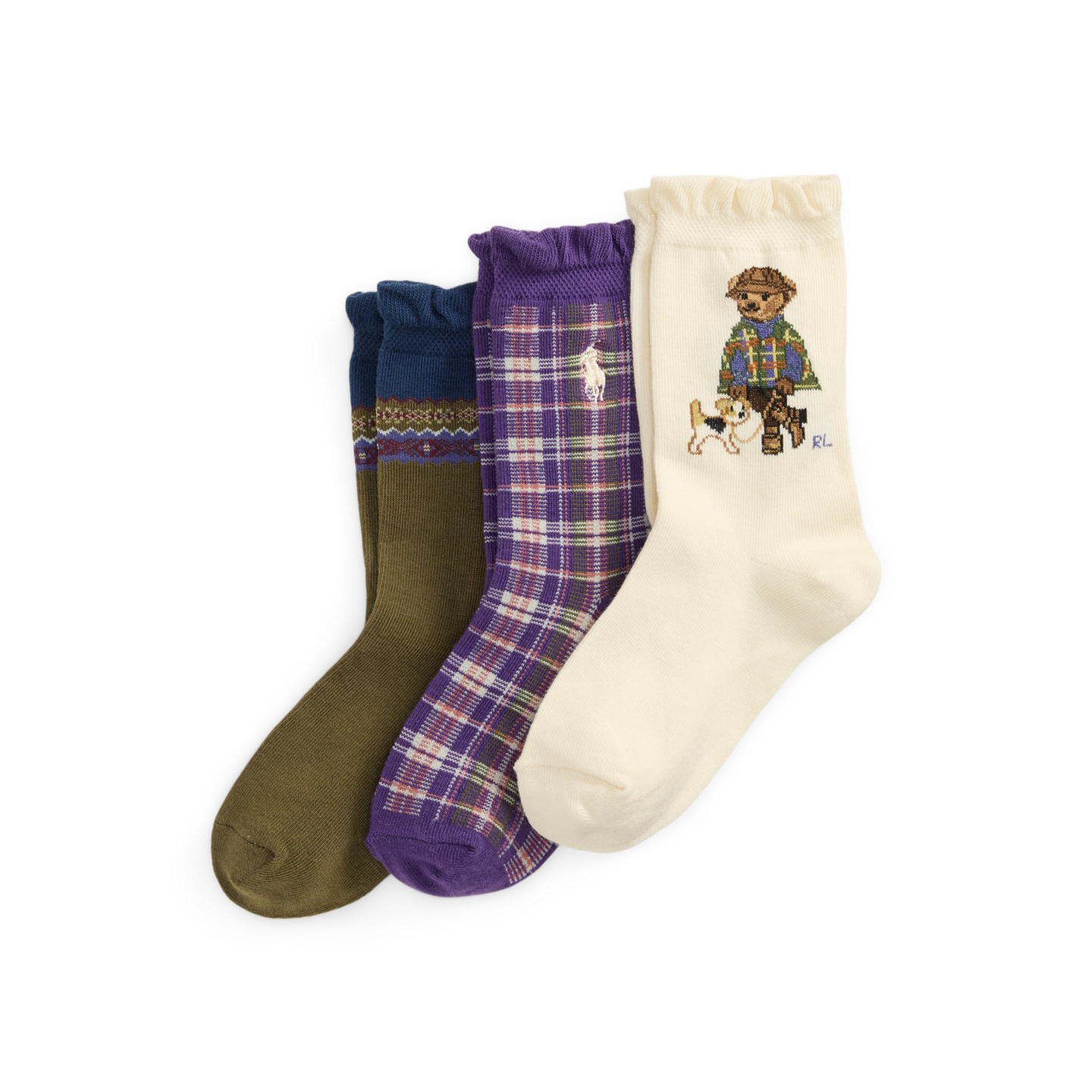 Носки Bear для детей, средней высоты, 3 шт. — Ralph Lauren, цвет: Слоновая кость / Фиолетовый — фото 1