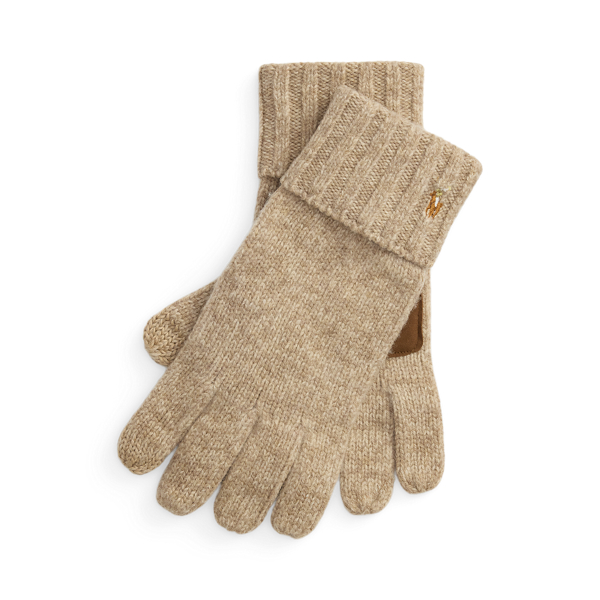 Oatmeal Leather-Trim Wool Touchscreen Gloves Polo Ralph Lauren 1