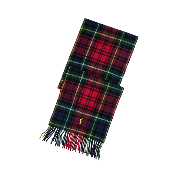 Red Multi Plaid Fringe Wool Scarf Polo Ralph Lauren 1