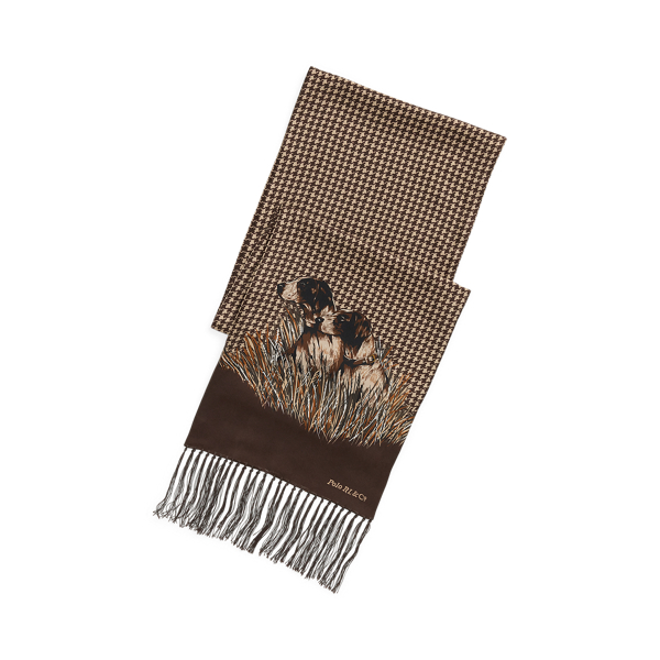 Knotted-Fringe Dog-Print Silk Scarf