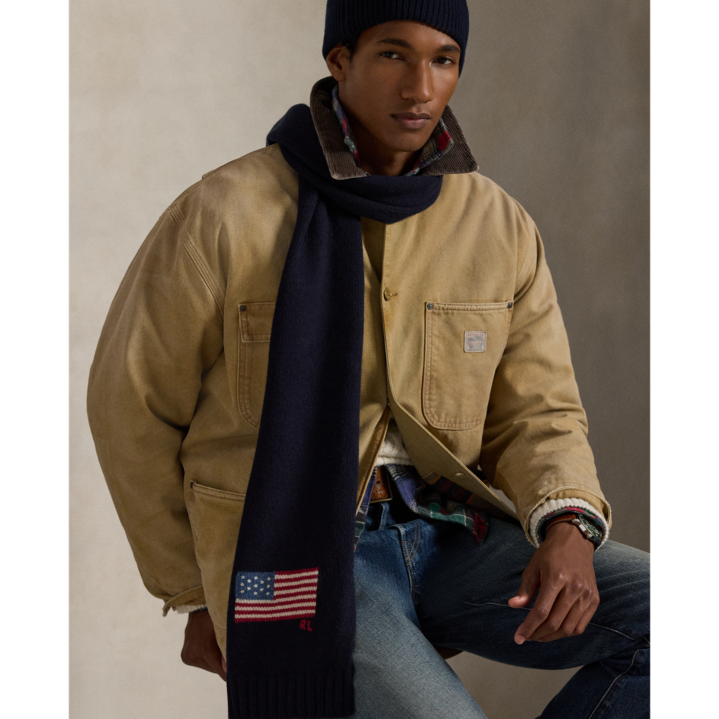 Мужской шарф Ralph Lauren Flag Knit Wool-Blend, цвет: Тёмно-синий — фото 1