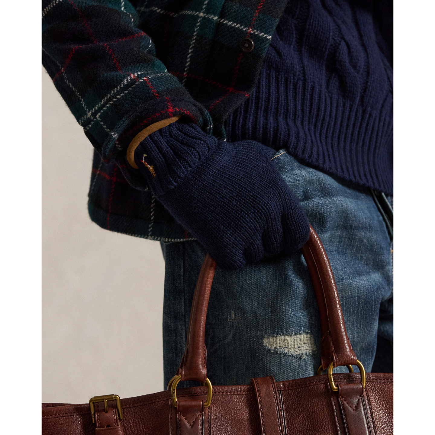 Мужские перчатки Ralph Lauren Suede-Trim Wool Touch-Screen Gloves, цвет: Тёмно-синий — фото 2