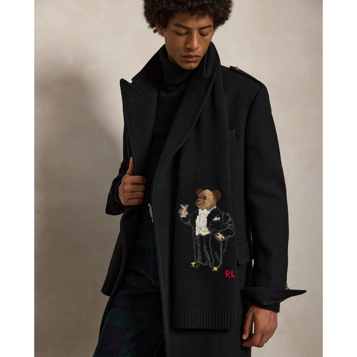 Мужской шарф Ralph Lauren Martini Bear Wool, цвет: Чёрный разноцветный — фото 1