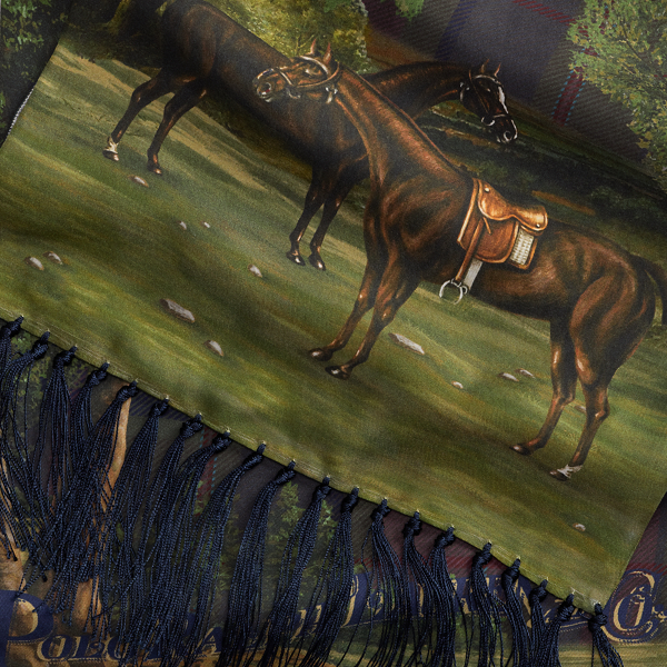 Tasseled Equestrian-Plaid Silk Scarf