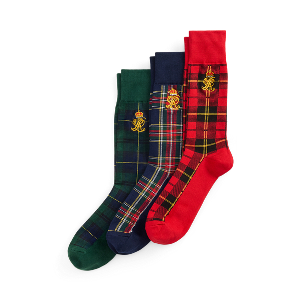 Crest-Embroidered Plaid 3-Sock Gift Set