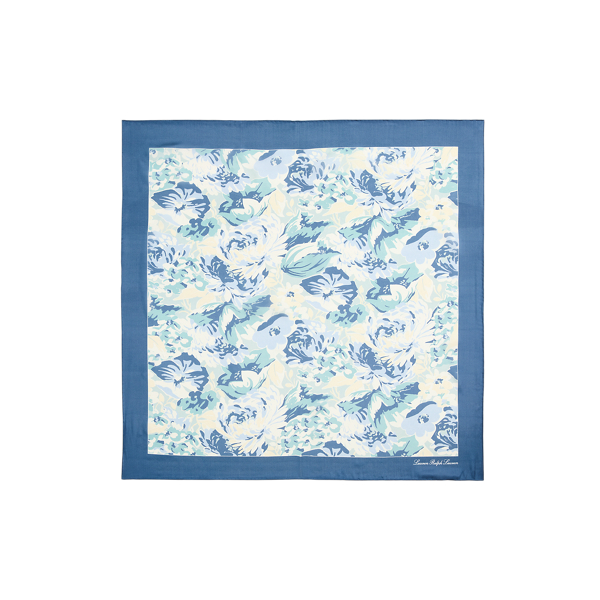 Medium Blue Floral Silk Crepe de Chine Square Scarf Lauren 2