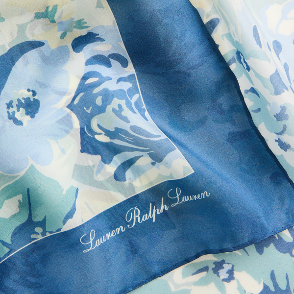 Medium Blue Floral Silk Crepe de Chine Square Scarf Lauren 3
