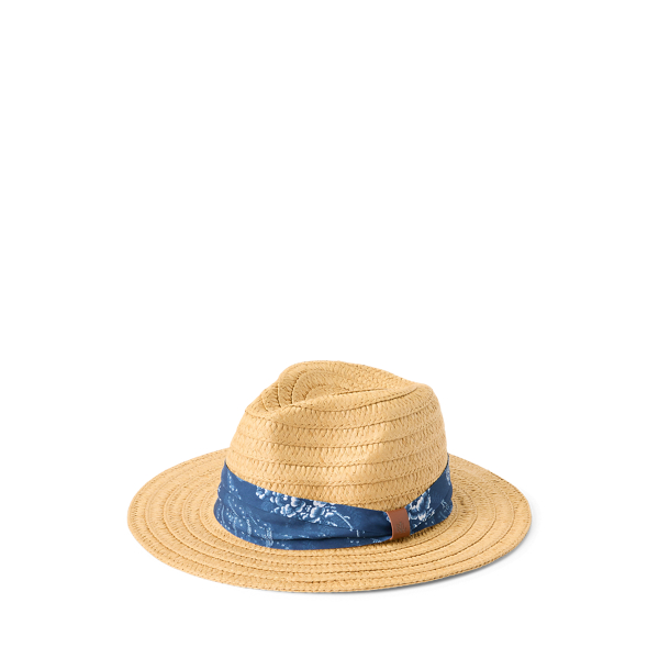 Natural/Blue Floral Packable Straw Fedora Lauren 1