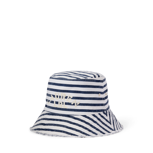 Natural/Navy Stripes Striped Logo Cotton Bucket Hat Lauren 1