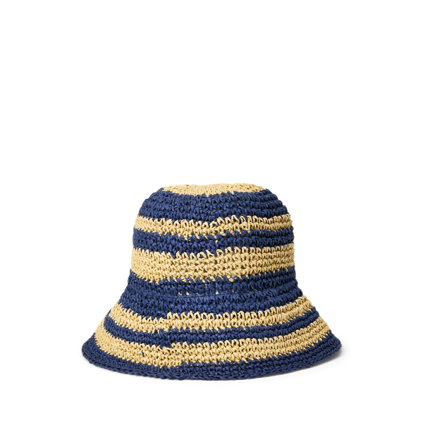 Natural/Navy Crocheted Straw Bucket Hat Lauren 2