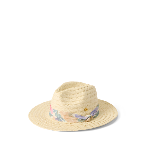 Chap&eacute;u de palha floral com fita