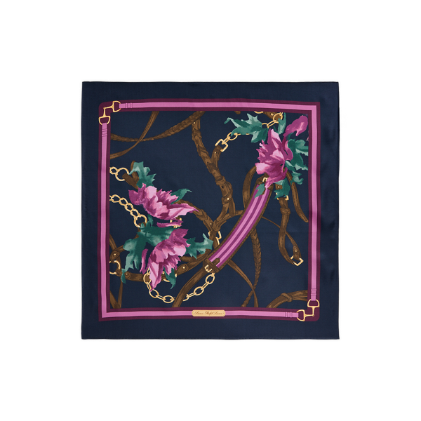 Navy Belting-Print Floral Silk Square Scarf Lauren 2