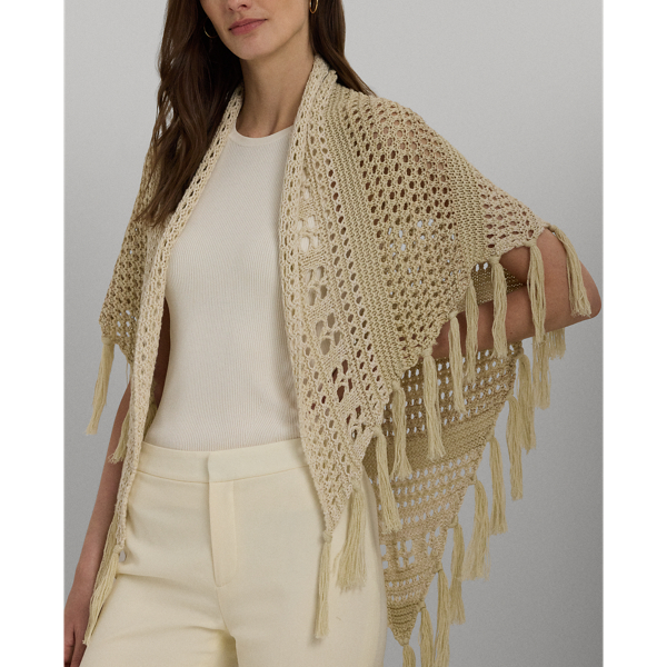Tan Multi Tassel Trim Pointelle-Knit Shawl Lauren 6