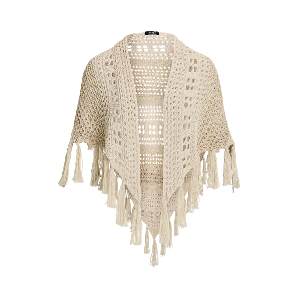 Tan Multi Tassel Trim Pointelle-Knit Shawl Lauren 2