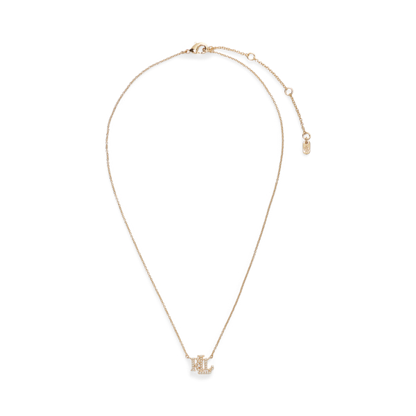 Gold / White Pearl Kette mit Kunstperlen und Logoanhänger Lauren 1