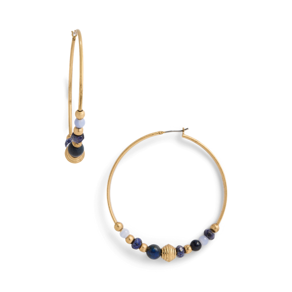 White Gold/Blue Gold-Tone Beaded Hoop Earrings Lauren 2