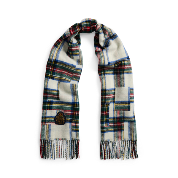 Mixed-Plaid Crest-Patch Wool-Blend Scarf