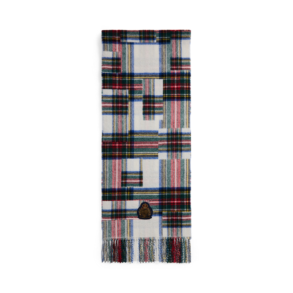 Cream Plaid Mixed-Plaid Crest-Patch Wool-Blend Scarf Lauren 1