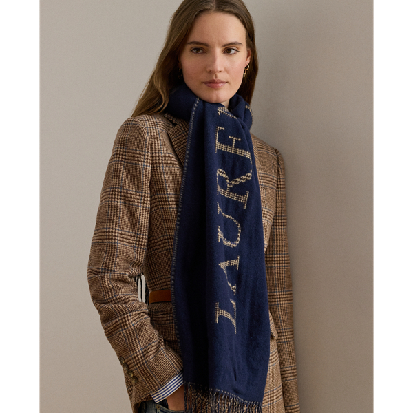 Omkeerbare jacquard sjaal met logo Lauren in Navy 3