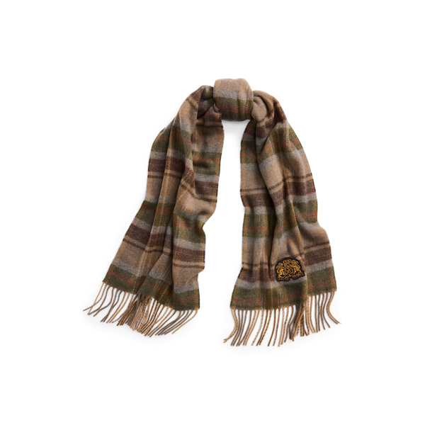 Plaid Crest-Patch Wool-Blend Scarf