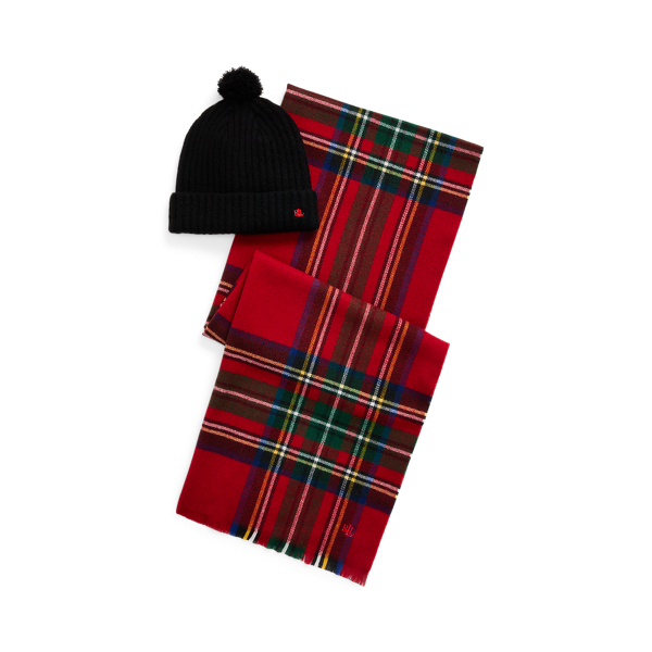 Plaid Wrap Scarf and Pom-Pom Beanie Set