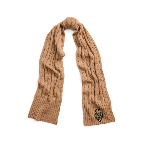 Crest-Patch Cable-Knit Scarf