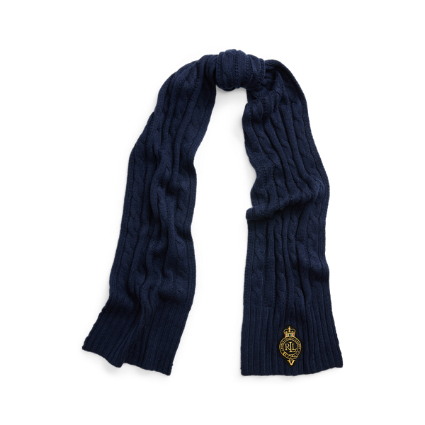 Crest-Patch Cable-Knit Scarf