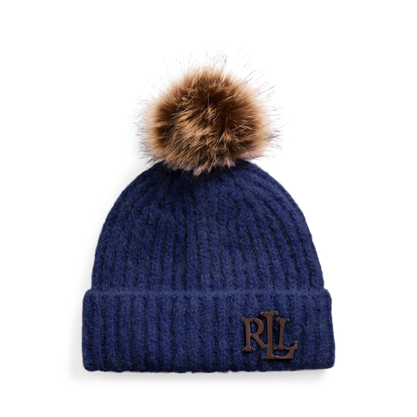 Leather-Trim Pom-Pom Rib-Knit Beanie