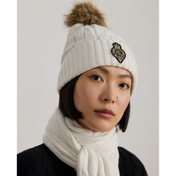 Cream Crest-Patch Pom-Pom Cable-Knit Beanie Lauren 2