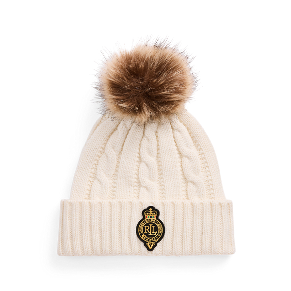 Cream Crest-Patch Pom-Pom Cable-Knit Beanie Lauren 1