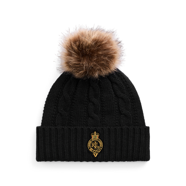 Crest-Patch Pom-Pom Cable-Knit Beanie