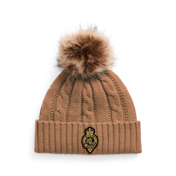 Crest-Patch Pom-Pom Cable-Knit Beanie