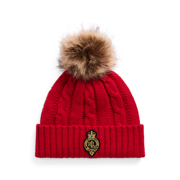 Martin Red Crest-Patch Pom-Pom Cable-Knit Beanie Lauren 1